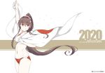  1girl 2020 alternate_costume arm_up brown_eyes brown_hair collarbone commentary_request floating_hair flower groin hair_between_eyes hair_flower hair_ornament kantai_collection long_hair navel petals pink_flower ponytail smile solo souji very_long_hair yamato_(kantai_collection) 
