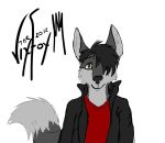  2012 anthro black_hair black_nose brow_eyes canid canine clothing dipstick_tail fluffy fluffy_tail fox fur grey_body grey_fur hair half-length_portrait jacket mammal multicolored_tail portrait redraw shirt signature simple_background solo text topwear vixvulpes white_background 
