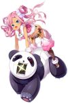 1girl all_fours bandeau belt black_legwear blue_eyes chaps full_body fur_trim hikage_eiji kneehighs koihime_musou leaning_forward long_hair midriff navel no_pants official_art open_mouth panda panties pink_hair red_vest riding robot shouting sonshoukou striped striped_panties toes transparent_background twintails underwear vest 