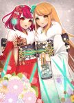  2girls alternate_costume blonde_hair blush breasts dress flower gem gift glowing headpiece hikari_(xenoblade_2) homura_(xenoblade_2) japanese_clothes jewelry kamaniki kimono long_dress long_hair looking_at_viewer multiple_girls new_year red_hair ribbon rose sack short_hair sign smile tiara very_long_hair watermark xenoblade_(series) xenoblade_2 