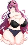  1girl absurdres ah68j3 black_bra blush bow bra breasts curvy embarrassed eyebrows eyebrows_visible_through_hair frown gym_uniform highres large_breasts looking_at_viewer murasaki_(senran_kagura) plump purple_eyes purple_hair senran_kagura thighs underwear undressing 