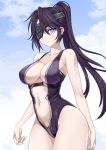  1girl black_hair black_swimsuit blue_eyes breasts center_opening character_request cleavage cloud commentary_request copyright_request eyepatch long_hair mitarashi_kousei navel one-piece_swimsuit outdoors ponytail sky solo swimsuit thighs 