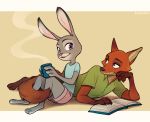  anthro boaillustration book bottomwear canid canine clothed clothing disney duo fox fully_clothed fur green_eyes grey_body grey_fur holding_cup holding_object judy_hopps lagomorph leporid looking_at_another lying mammal nick_wilde on_front orange_body orange_fur pink_nose purple_eyes rabbit reclining red_fox shirt shorts simple_background sitting smile steam t-shirt topwear zootopia 