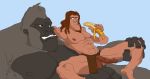  anthro ape balls banana clothing disney eye_contact food fruit fur gorilla haplorhine human human_on_anthro humanoid_penis interspecies loincloth looking_at_another male mammal nude penis plant primate simple_background smile tarzan unknown_artist 