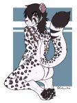  4_toes anthro butt digital_media_(artwork) felid fur hindpaw kai-kat kneeling looking_at_viewer looking_back male mammal necire_(character) pantherine pawpads paws raised_tail red_eyes scar simple_background smile snow_leopard solo spots spotted_body spotted_fur toes whiskers 