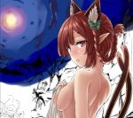  1girl animal_ear_fluff animal_ears bangs blush bow braid breasts cat_ears cat_tail commentary_request eyebrows_visible_through_hair green_bow hair_bow kaenbyou_rin looking_at_viewer medium_breasts multiple_tails nekomata night night_sky nose_blush nude outdoors parted_lips red_eyes red_hair short_hair sky solo tail touhou two_tails upper_body work_in_progress y2 