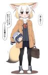  2girls :3 alternate_costume animal_ears bag beige_jacket black_legwear blonde_hair blush bow bowtie brown_eyes casual character_doll coat commentary_request common_raccoon_(kemono_friends) extra_ears fennec_(kemono_friends) fox_ears fox_girl fox_tail highres kemono_friends long_sleeves multicolored_hair multiple_girls navy_blue_shirt navy_blue_skirt open_mouth pantyhose pleated_skirt raccoon_ears raccoon_girl raccoon_tail ransusan red_neckwear sailor_collar school_bag school_uniform shoes short_hair skirt sneakers tail translation_request white_hair 