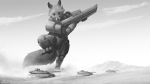  2019 armor body_armor canid canine clothed clothing cloud fox fully_clothed greyscale holding_gun holding_object holding_weapon inktober ipoke looking_down macro mammal monochrome mountain outside sky tank vehicle weapon 
