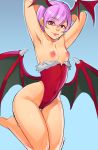  1girl absurdres armpits arms_behind_head arms_up ass_visible_through_thighs bare_legs bare_shoulders barefoot bat_wings blue_background breasts breasts_outside commentary covered_navel demon_girl english_commentary eyebrows_visible_through_hair greenmarine head_wings highleg highleg_leotard highres kneeling knees_together_feet_apart lavender_hair leotard lilith_aensland lips looking_at_viewer low_wings nipples red_eyes red_leotard short_hair small_breasts solo strapless strapless_leotard succubus thigh_gap vampire_(game) wings 