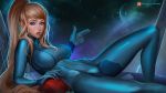  1girl blonde_hair blue_eyes bodysuit breasts gloves high_ponytail highres large_breasts long_hair looking_at_viewer metroid mole mole_under_mouth nintendo olga_narhova ponytail samus_aran skin_tight solo space zero_suit 