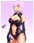  1girl bare_shoulders black_gloves black_leotard breasts cleavage collarbone elbow_gloves eyebrows_visible_through_hair fate/grand_order fate_(series) gloves groin hair_over_one_eye highleg highleg_leotard highres impossible_clothes kisaragi_(legobionicle23) large_breasts leotard lips looking_at_viewer mash_kyrielight navel navel_cutout parted_lips pink_background pink_hair purple_eyes purple_gloves shiny shiny_hair short_hair signature solo two-tone_gloves 