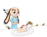  2018 anthro blue_eyes brown_body brown_fur cake canid canine clothed clothing crossed_arms duo food fox fruit fur holding_food holding_object mammal plant plate ribbontail_(character) shirt simple_background strawberry t-shirt topwear vulpesvant vulpesvant_(character) white_background white_body white_fur 