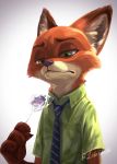  ailu_h0 anthro black_nose candy canid canine claws clothed clothing dipstick_ears disney food fox fur green_eyes hi_res holding_food holding_object inner_ear_fluff lollipop mammal multicolored_ears necktie nick_wilde orange_body orange_fur red_fox shirt simple_background solo topwear tuft white_background white_body white_fur zootopia 