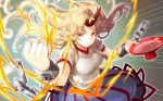  1girl alcohol artist_request blonde_hair blue_skirt breasts chain clenched_hand cowboy_shot cuffs cup emphasis_lines floating_hair gradient gradient_background grey_background hand_up holding holding_cup horn hoshiguma_yuugi long_hair looking_at_viewer medium_breasts pointy_ears puffy_short_sleeves puffy_sleeves red_eyes sakazuki sake shackles shirt short_sleeves skirt smile solo star touhou touhou_cannonball v-shaped_eyebrows white_shirt 