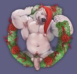  2019 anthro balls biceps big_muscles black_nose burrserk candy candy_cane christmas clothing flaccid food foreskin fur hat hat_only headgear headwear hi_res holidays huge_muscles humanoid_penis kissing_bough looking_at_viewer male mammal mistletoe mostly_nude muscular muscular_male pecs penis plant polar_bear santa_hat solo stubble triceps ursid ursine vein veiny_penis white_body white_fur wreath 
