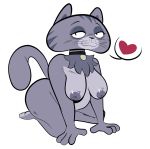  &lt;3 blush breasts collar domestic_cat felid feline felis female fur gabbah grey_body grey_fur kitty_is_not_a_cat looking_at_viewer mammal nipples petal_(kinac) pose seductive simple_background solo speech_bubble white_background 