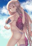  1girl ass azur_lane back bangs bare_shoulders bikini blue_sky braid braided_bun breasts choker closed_mouth double_bun feather_boa formidable_(azur_lane) formidable_(the_lady_of_the_beach)_(azur_lane) highres itaco1987 large_breasts long_hair looking_at_viewer multi-strapped_bikini pink_choker platinum_blonde_hair red_eyes single_thighhigh sky solo swimsuit thighhighs thighs very_long_hair 
