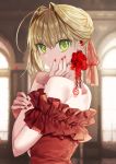  1girl ahoge back bangs bare_shoulders blonde_hair blurry blurry_background blush braid breasts closed_mouth dress earrings fate/extra fate_(series) flower french_braid gambe green_eyes hair_between_eyes hair_bun hair_intakes hair_ribbon highres jewelry large_breasts long_hair looking_at_viewer looking_back nero_claudius_(fate) nero_claudius_(fate)_(all) red_dress red_ribbon ribbon rose smile solo window 