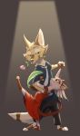  2017 anthro barefoot brown_background brown_body brown_fur canid canine cheek_tuft clothed clothing dancing dress duo facial_tuft felid feline flower fox fully_clothed fur green_eyes light lighting mammal plant ribbontail_(character) rose_(flower) simple_background smile spotlight tuft vulpesvant vulpesvant_(character) whiskers 