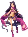  animal_ear_fluff animal_ears ass_visible_through_thighs bell belt bikini_top black_hair black_legwear breasts brown_gloves cat_ears cat_paws cat_tail cleavage cutoffs dagger denim denim_shorts fingerless_gloves full_body gloves hikage_eiji jingle_bell koihime_musou legs long_hair navel official_art open_mouth paw_shoes paws pink_bikini_top pink_footwear pouch purple_scarf red_eyes ribbon scarf sheath sheathed shoes short_shorts shorts shuutai single_thighhigh smile tail tail_ornament tail_ribbon thighhighs thighs transparent_background very_long_hair weapon 