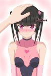  1girl artist_name bare_shoulders black_hair blush breasts collarbone eyebrows_visible_through_hair hand_on_another&#039;s_head highres looking_at_viewer medium_hair neiura petting pink_background pink_eyes senki_zesshou_symphogear shiny shiny_clothes shiny_hair simple_background small_breasts smile tsukuyomi_shirabe 