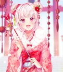  1girl 2020 :d arrow bangs bell blurry blurry_background bow commentary_request depth_of_field double_bun ema eyebrows_visible_through_hair fingernails floral_print flower fur_collar hair_bow hair_flower hair_ornament hamaya highres holding_arrow japanese_clothes jingle_bell kimono long_sleeves looking_at_viewer miyo_(user_zdsp7735) obi open_mouth original pink_kimono print_kimono purple_eyes red_bow red_flower sash sidelocks silver_hair smile solo sparkle_background upper_body upper_teeth wide_sleeves 