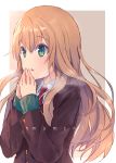  1girl :o absurdres asanagi_kurumi_(panda-doufu) bangs blazer blonde_hair blush border breath brown_background brown_jacket commentary_request eyebrows_visible_through_hair green_eyes highres jacket long_hair long_sleeves looking_away necktie original outside_border own_hands_together parted_lips red_neckwear school_uniform simple_background tareme white_border wing_collar 