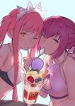  2girls absurdres alternate_costume bangs bikini breasts cleavage_cutout dessert fate/grand_order fate_(series) food fruit hair_between_eyes headpiece highres ice_cream large_breasts looking_at_viewer medb_(fate)_(all) medb_(swimsuit_saber)_(fate) multiple_girls parfait pink_hair red_eyes s.w scathach_(fate)_(all) scathach_skadi_(fate/grand_order) simple_background spoon spoon_in_mouth swimsuit table tiara twintails whipped_cream white_bikini 