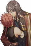  2boys age_difference alexander_(fate/grand_order) braid brown_hair closed_eyes fate/grand_order fate_(series) fingerless_gloves gloves height_difference highres kiss lalatia-meai long_coat long_hair lord_el-melloi_ii male_focus multiple_boys red_hair single_braid stole waver_velvet white_background yaoi 
