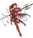  1girl altena_(fire_emblem) armor armored_boots artist_request bangs boots breastplate broken_armor brown_eyes brown_hair clenched_teeth dress elbow_gloves fire_emblem fire_emblem:_thracia_776 fire_emblem_heroes full_body gloves headband highres holding holding_spear holding_weapon lips lipstick long_hair looking_away makeup official_art parted_lips pelvic_curtain polearm red_armor red_dress shiny shiny_clothes shiny_hair short_dress shoulder_armor solo spear teeth thigh_strap thighhighs torn_clothes transparent_background weapon 