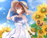  1girl :o anchor anchor_symbol bangs blue_bow blush bow bracelet brown_eyes brown_hair cloud day dress eyebrows_visible_through_hair flower hair_between_eyes hat hat_flower headgear highres holding holding_flower jewelry kantai_collection outdoors petals sa-ya2 short_hair sky solo straw_hat sundress sunflower white_dress yellow_flower yukikaze_(kantai_collection) 