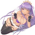  1girl absurdres bare_shoulders bb_(fate)_(all) bb_(swimsuit_mooncancer)_(fate) belt bikini black_gloves black_legwear black_shorts breasts cleavage commentary_request fate/grand_order fate_(series) fingerless_gloves gloves hair_ribbon headdress highleg highres large_breasts long_hair looking_at_viewer loose_belt micro_shorts navel one_eye_closed open_fly purple_bikini purple_eyes purple_hair ribbon shorts simple_background smile solo star stomach strap_pull swimsuit thighhighs tongue tongue_out urigarasu very_long_hair white_background 