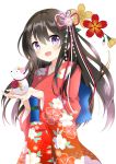  1girl :d animal bangs black_hair blush chinese_zodiac commentary_request eyebrows_visible_through_hair floral_background floral_print hair_between_eyes hair_ornament highres holding holding_animal japanese_clothes kimono long_hair long_sleeves looking_at_viewer massala mouse obi open_mouth original print_kimono purple_eyes red_kimono sash smile solo very_long_hair white_background wide_sleeves year_of_the_rat 