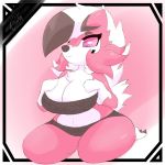  2019 anthro artesjsc big_breasts black_nose breasts canid canine claws clothing digital_media_(artwork) female fur hair heart_eye looking_at_breasts lycanroc mammal midnight_lycanroc nicole_(nic-m-lyc) nintendo pink_sclera pok&eacute;mon pok&eacute;mon_(species) pok&eacute;morph red_body red_eyes red_fur sitting solo thick_thighs video_games white_body white_fur 