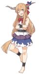  1girl ankle_wrap bangs bare_arms bare_shoulders barefoot blue_skirt blush bow breasts brown_hair commentary_request eyebrows_visible_through_hair fang hair_bow horn_ribbon horns ibuki_suika long_hair looking_at_viewer one_eye_closed oni open_mouth red_bow red_eyes ribbon shirt shiseki_hirame simple_background skirt sleeveless small_breasts smile solo standing standing_on_one_leg touhou very_long_hair white_background white_shirt 