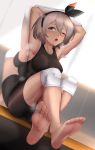  1girl armpits arms_up bangs barefoot black_bodysuit black_hairband black_ribbon blue_eyes bodysuit breasts collarbone crossed_ankles dark_skin dutch_angle feet grey_hair hair_between_eyes hair_ribbon hairband heavy_breathing highres knee_pads large_breasts legs leng_xiao looking_at_viewer mirror one_eye_closed open_mouth pokemon pokemon_(game) pokemon_swsh reflection ribbon saitou_(pokemon) short_hair soles solo sweat tank_top thick_eyebrows undressing upper_teeth 