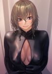  1girl blonde_hair bodysuit breasts brown_eyes commentary_request covered_nipples eyebrows_visible_through_hair highres kilye_4421 original short_hair skin_tight smile solo unzipping 