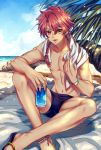  1boy :d alexander_(fate/grand_order) anklet beach blanket braid can crossed_legs fate/grand_order fate_(series) highres holding holding_can jewelry lalatia-meai long_hair male_focus male_swimwear open_mouth red_eyes red_hair sandals single_braid sitting smile solo summer swim_briefs swimwear toned towel towel_around_neck 