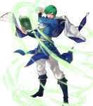  1boy belt book boots cape ced_(fire_emblem) fire_emblem fire_emblem:_genealogy_of_the_holy_war fire_emblem_heroes full_body green_eyes green_hair highres official_art open_mouth solo suda_ayaka teeth transparent_background wind 