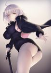 1girl ahoge bangs black_dress blue_coat breasts coat dress fate/grand_order fate_(series) fur-trimmed_coat fur_trim highres itaco1987 jeanne_d&#039;arc_(alter)_(fate) jeanne_d&#039;arc_(fate)_(all) large_breasts looking_at_viewer short_dress short_hair silver_hair solo wicked_dragon_witch_ver._shinjuku_1999 yellow_eyes 