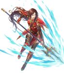  1girl altena_(fire_emblem) armor armored_boots artist_request bangs boots breastplate brown_eyes brown_hair dress elbow_gloves fire_emblem fire_emblem:_thracia_776 fire_emblem_heroes full_body gloves headband highres holding holding_spear holding_weapon lips lipstick long_hair makeup official_art open_mouth pelvic_curtain polearm red_armor red_dress shiny shiny_clothes shiny_hair short_dress shoulder_armor solo spear thigh_strap thighhighs transparent_background weapon 