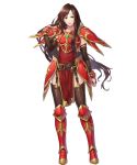  1girl altena_(fire_emblem) armor armored_boots artist_request bangs boots breastplate brown_eyes brown_hair closed_mouth dress elbow_gloves fire_emblem fire_emblem:_thracia_776 fire_emblem_heroes full_body gloves hand_up headband highres lips lipstick long_hair looking_at_viewer makeup official_art pelvic_curtain red_armor red_dress shiny shiny_clothes shiny_hair short_dress shoulder_armor smile solo standing thigh_strap thighhighs transparent_background 