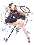  1girl abigail_williams_(fate/grand_order) bangs black_bow black_dress black_footwear black_headwear blonde_hair blue_eyes blush bow bug butterfly dean dress fate/grand_order fate_(series) forehead full_body highres insect key legs long_hair long_sleeves looking_at_viewer multiple_bows orange_bow parted_bangs polka_dot polka_dot_bow simple_background sleeves_past_fingers sleeves_past_wrists smile solo stuffed_animal stuffed_toy teddy_bear white_background 