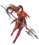  1girl altena_(fire_emblem) armor armored_boots artist_request bangs boots breastplate brown_eyes brown_hair dress elbow_gloves fire_emblem fire_emblem:_thracia_776 fire_emblem_heroes full_body gloves headband highres holding holding_spear holding_weapon lips lipstick long_hair makeup official_art parted_lips pelvic_curtain polearm red_armor red_dress shiny shiny_clothes shiny_hair short_dress shoulder_armor solo spear thigh_strap thighhighs transparent_background weapon 