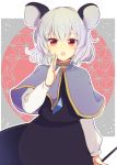  1girl :o animal_ears aoi_(annbi) bangs black_dress blush cowboy_shot dress eyebrows_visible_through_hair grey_capelet highres holding jewelry long_sleeves mouse_ears mouse_girl multicolored multicolored_background nazrin necklace open_mouth pendant red_eyes short_hair silver_hair solo touhou 