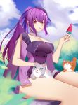  1girl :3 absurdres alternate_costume alternate_hairstyle animal_ears blue_sky breasts cat cat_ears cat_tail cleavage cloud cloudy_sky dress fate/grand_order fate_(series) food highres large_breasts licking_lips looking_at_viewer luxia2727 outdoors ponytail popsicle scathach_(fate)_(all) scathach_skadi_(fate/grand_order) sky smile strapless strapless_dress tail tongue tongue_out tube_dress watermelon_bar 