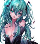  1girl :o absurdres aqua_eyes aqua_hair bangs bare_shoulders beni_ttt black_sleeves blush breasts cleavage collarbone commentary_request crying crying_with_eyes_open detached_sleeves grey_shirt hair_between_eyes hatsune_miku highres long_hair long_sleeves looking_away looking_down no_bra number_tattoo off_shoulder open_clothes open_mouth open_shirt shiny shiny_hair shirt shoulder_tattoo simple_background smile solo sparkle tattoo tears twintails upper_body very_long_hair vocaloid white_background 