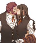  2boys beard brown_hair cigarette_box closed_eyes facial_hair fate/grand_order fate/zero fate_(series) formal french_kiss gloves kiss lalatia-meai long_hair lord_el-melloi_ii male_focus multiple_boys red_hair rider_(fate/zero) sidelocks simple_background time_paradox vest waistcoat waver_velvet white_background white_gloves yaoi 