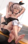  1girl armpits arms_up bangs barefoot black_bodysuit black_hairband black_ribbon blue_eyes bodysuit bodysuit_under_clothes breasts collarbone crossed_ankles dark_skin dutch_angle feet grey_hair hair_between_eyes hair_ribbon hairband heavy_breathing highres knee_pads large_breasts legs leng_xiao looking_at_viewer mirror one_eye_closed open_mouth pokemon pokemon_(game) pokemon_swsh reflection revealing_cutout ribbon saitou_(pokemon) short_hair soles solo sweat thick_eyebrows undressing upper_teeth 