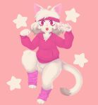  2019 3_toes 5_fingers ahoge anthro clothed clothing digital_media_(artwork) dipstick_tail eyelashes fangs felid feline female fingers fur gesture hair hi_res jacket leg_warmers legwear mammal multicolored_tail open_mouth pawpads pink_background pink_clothing pink_eyes pink_nose pink_pawpads robosylveon simple_background solo star sweatband toes topwear v_sign white_body white_fur white_hair 